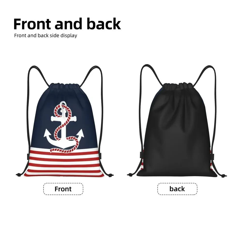 Custom Anchor And Navy Blue Stripes Drawstring Backpack Women Men Gym Sport Sackpack Portable Nautical Sailor Shopping Bag Sack