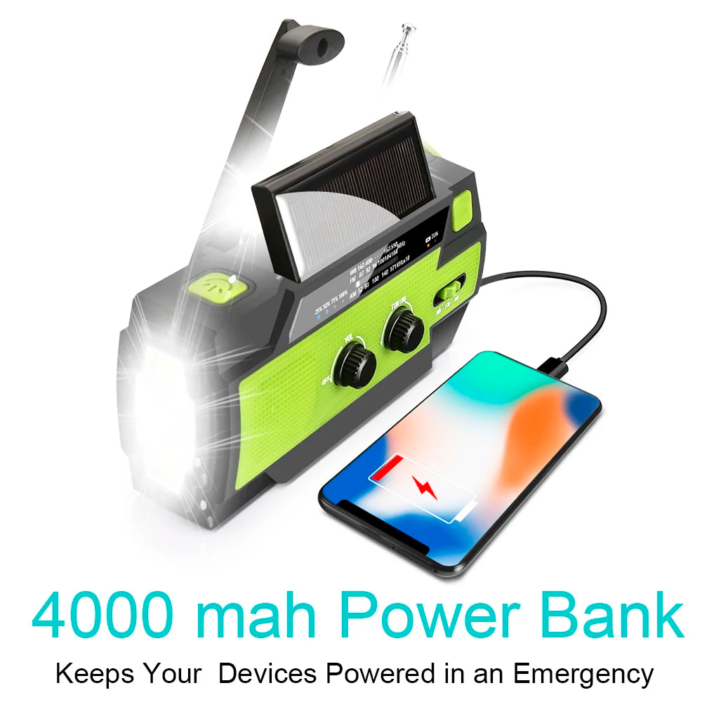 Emergency NOAA Weather Radio,Portable Hand Crank Radio,Solar Powered,AM/FM,SOS Alarm,Flashlight 4000mAh Rechargeable Power Bank