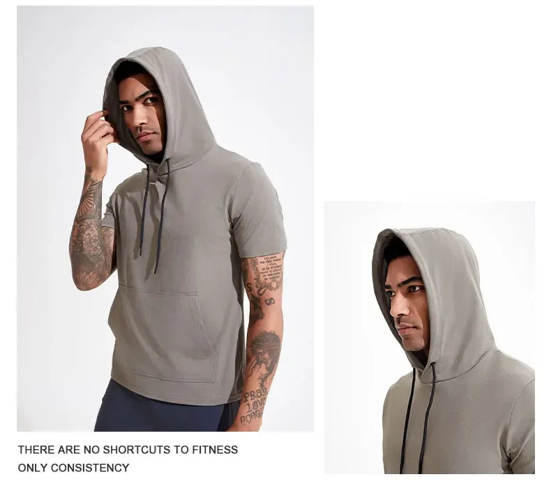 Mens Hoodies Sweatshirts Short Sleeve Tight Sports Jogging Compression Hoodie Outdoor Leisure Tees Casual Solid Color Hoody