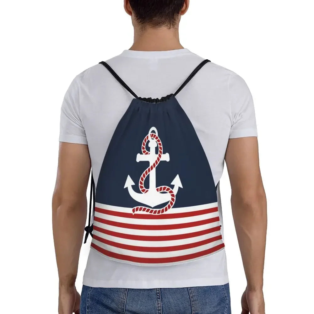Custom Anchor And Navy Blue Stripes Drawstring Backpack Women Men Gym Sport Sackpack Portable Nautical Sailor Shopping Bag Sack