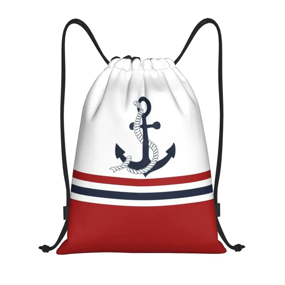 Custom Anchor And Navy Blue Stripes Drawstring Backpack Women Men Gym Sport Sackpack Portable Nautical Sailor Shopping Bag Sack