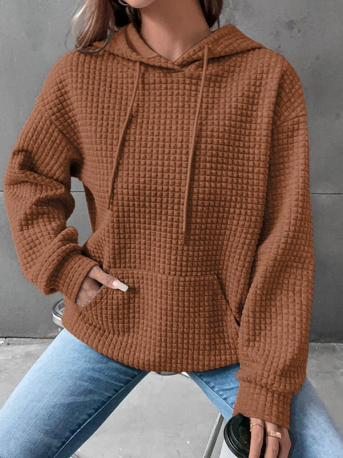 Autumn And Winter Women's New Waffle Round-necked Long-sleeved Sweater Solid Color