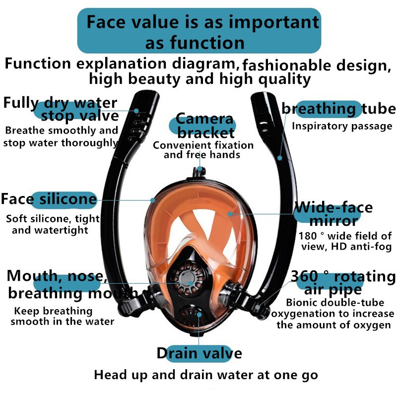 Snorkeling Mask Double Tube Silicone Full Dry Diving Mask Adult Swimming Mask Diving Goggles Self Contained Underwater Breathing