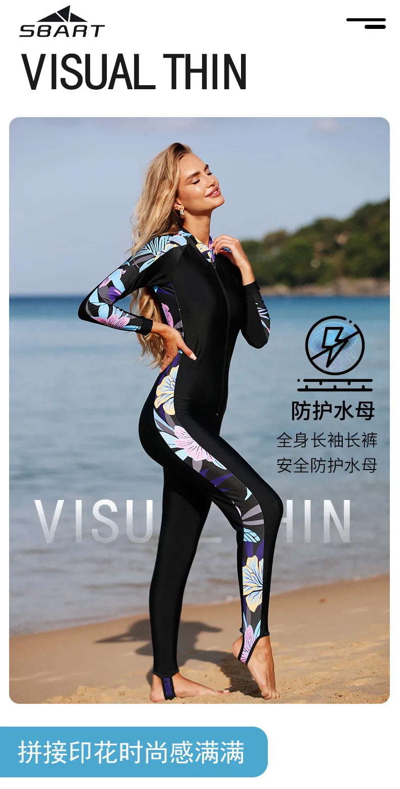 Women Surf Suit Lycra Suit Diving Rash Guard Wetsuit Snorkeling Kayaking Swimsuit Female One-Piece Swimwear Long Sleeve Kitesurf