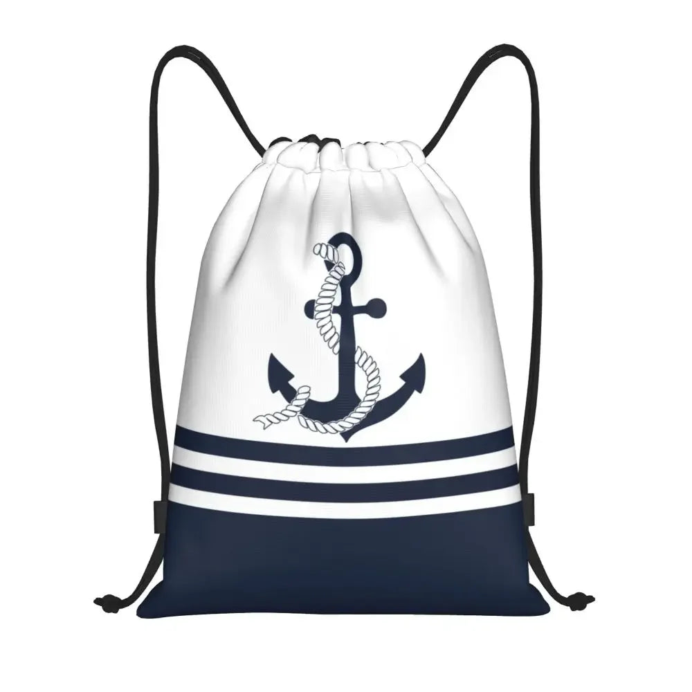 Custom Anchor And Navy Blue Stripes Drawstring Backpack Women Men Gym Sport Sackpack Portable Nautical Sailor Shopping Bag Sack