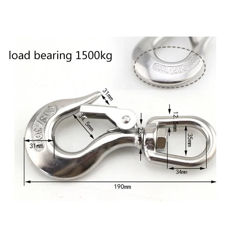 Marine 304 Stainless Steel Lifting Chain Hoist Eye Swivel Rotatable Cargo Hook Shackle Swivel Snap Hook Load 0.15-1.5T HeavyDuty