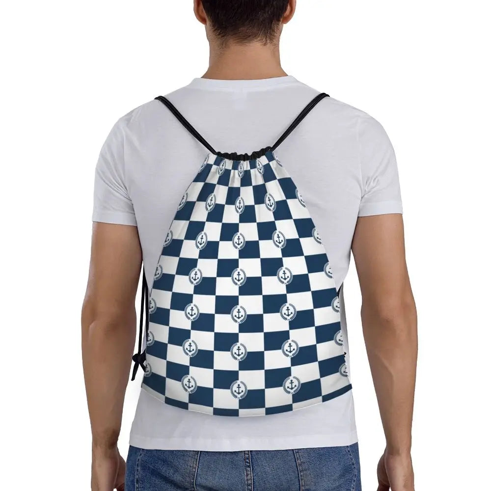 Custom Nautical Navy Anchor Pattern Drawstring Bags Women Men Lightweight Sailing Sailor Sports Gym Storage Backpack