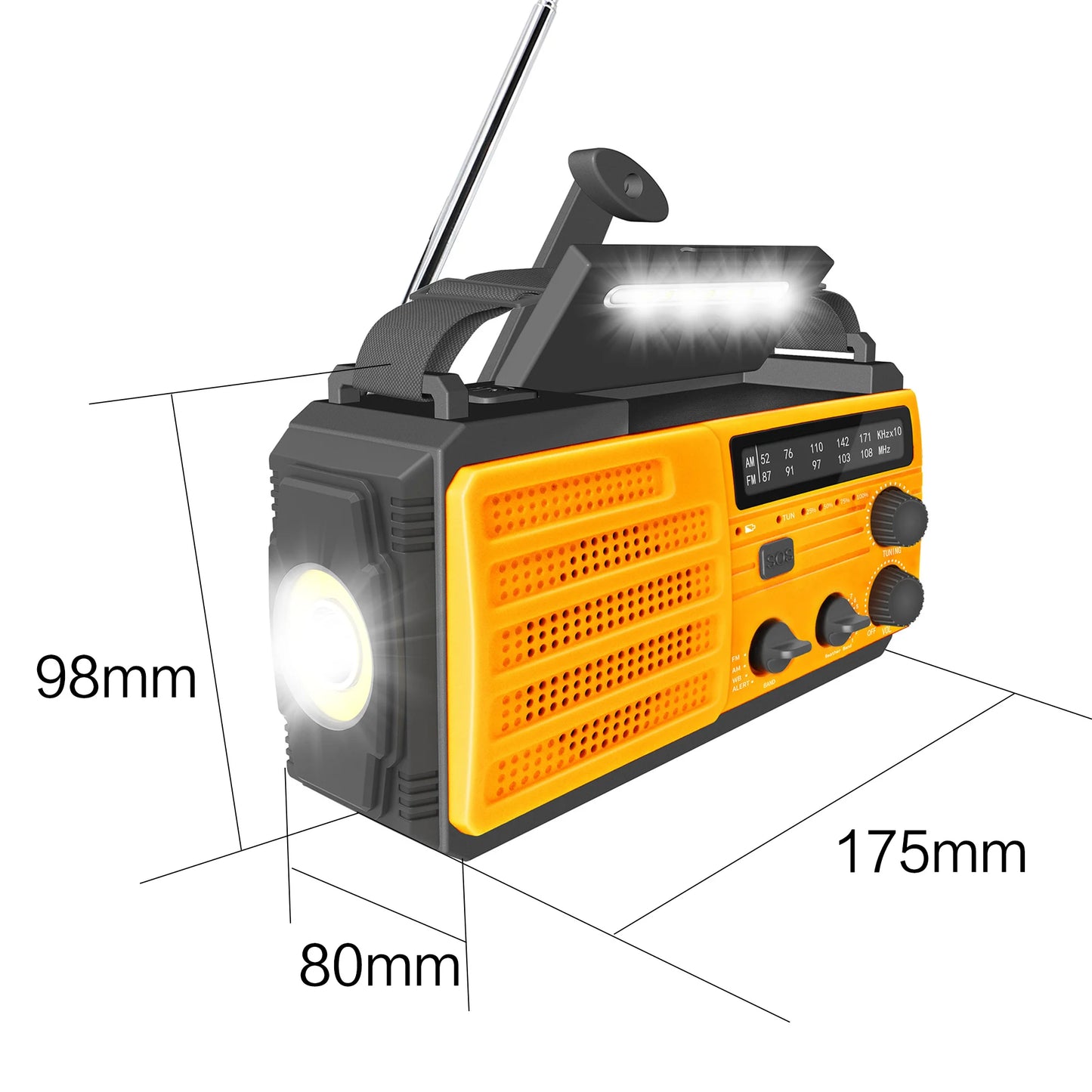 AM/FM/WB Reception Emergency Flashlight, Hand Crank and Solar Charging, USB-C Power Supply, SOS Siren, Mobile Power Supply