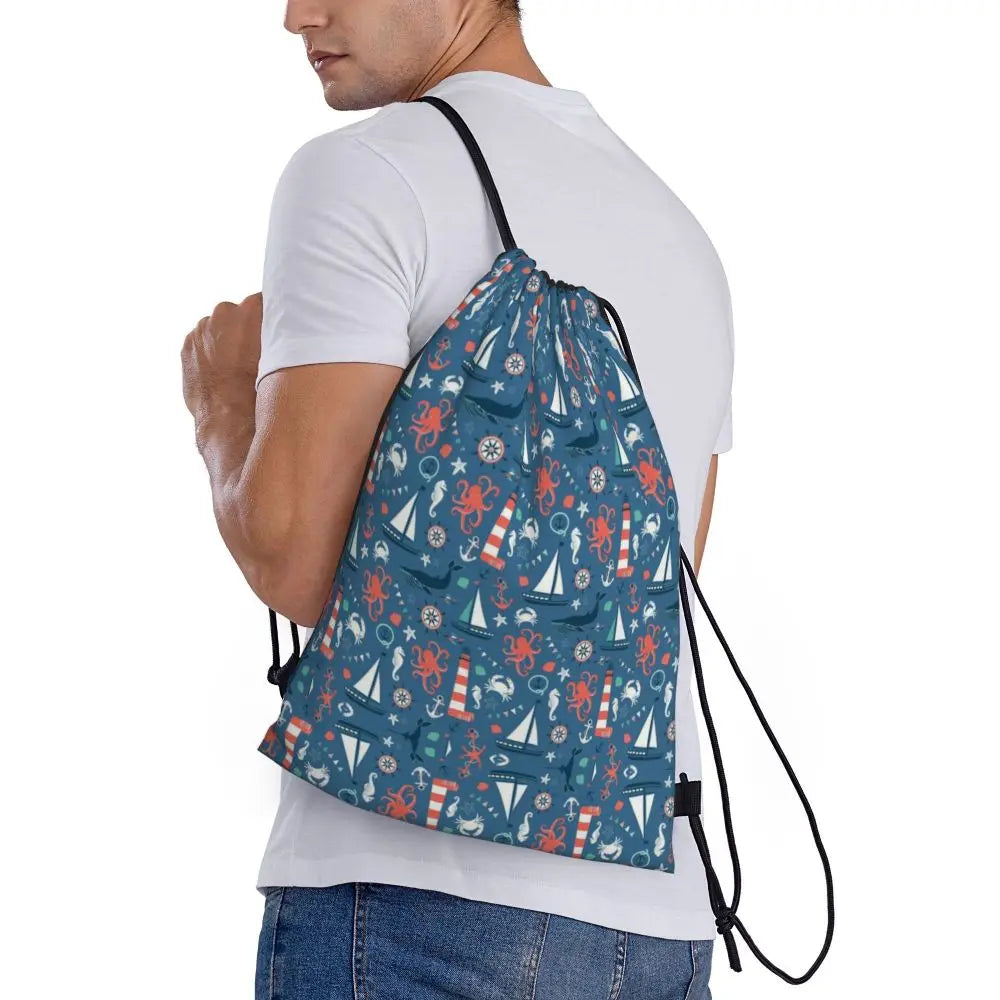 Vintage Nautical Anchor Drawstring Backpack Women Men Sport Gym Sackpack Portable Sailing Sailor Shopping Bag Sack