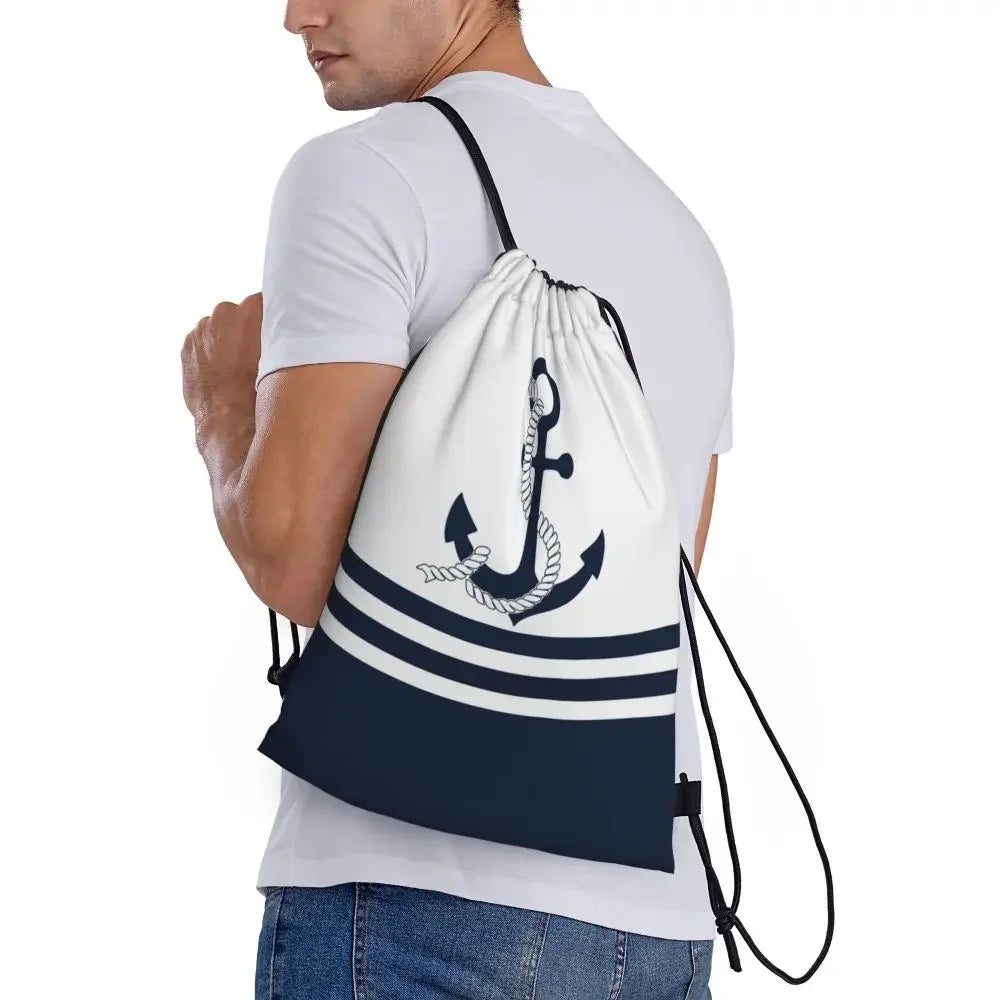 Custom Anchor And Navy Blue Stripes Drawstring Backpack Women Men Gym Sport Sackpack Portable Nautical Sailor Shopping Bag Sack