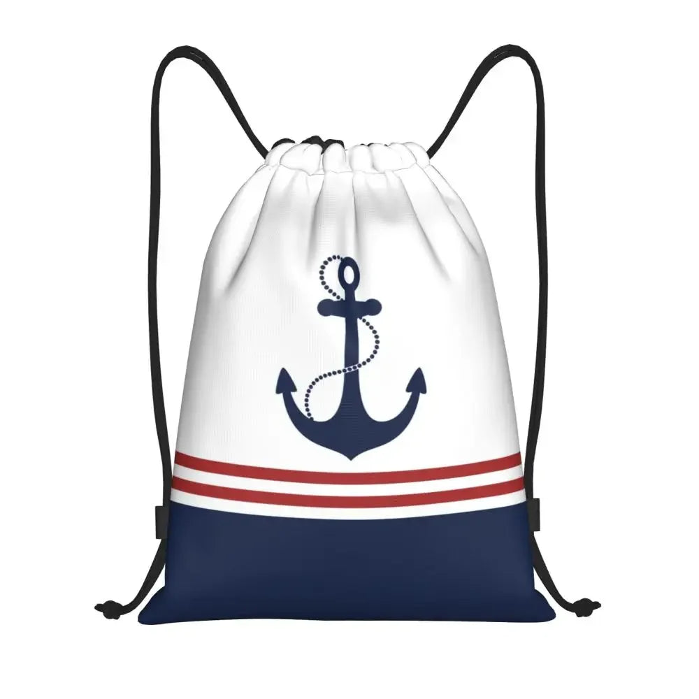 Custom Anchor And Navy Blue Stripes Drawstring Backpack Women Men Gym Sport Sackpack Portable Nautical Sailor Shopping Bag Sack