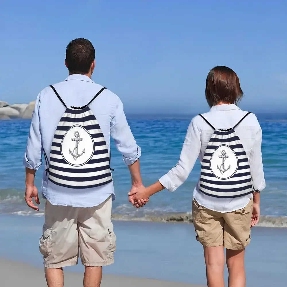 Custom Anchor And Navy Blue Stripes Drawstring Backpack Women Men Gym Sport Sackpack Portable Nautical Sailor Shopping Bag Sack