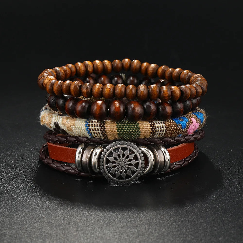 4Pcs/ Set Braided Wrap Leather Bracelet for Men Vintage Life Tree Rudder Charm Wood Bead Ethnic Tribal Wristband Rope Bracelet