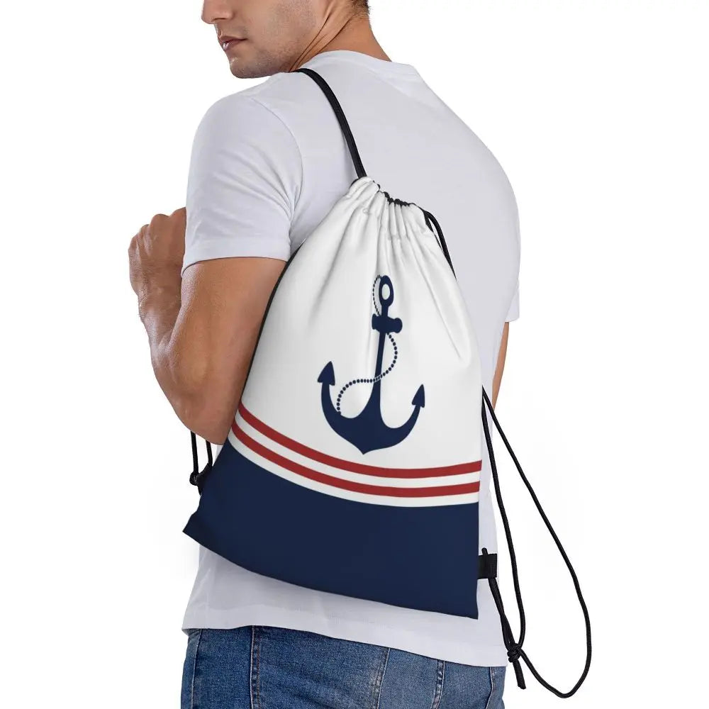 Custom Retro Vintage Nautical Anchor Drawstring Bags Men Women Foldable Gym Sports Sackpack Sailor Training Storage Backpacks