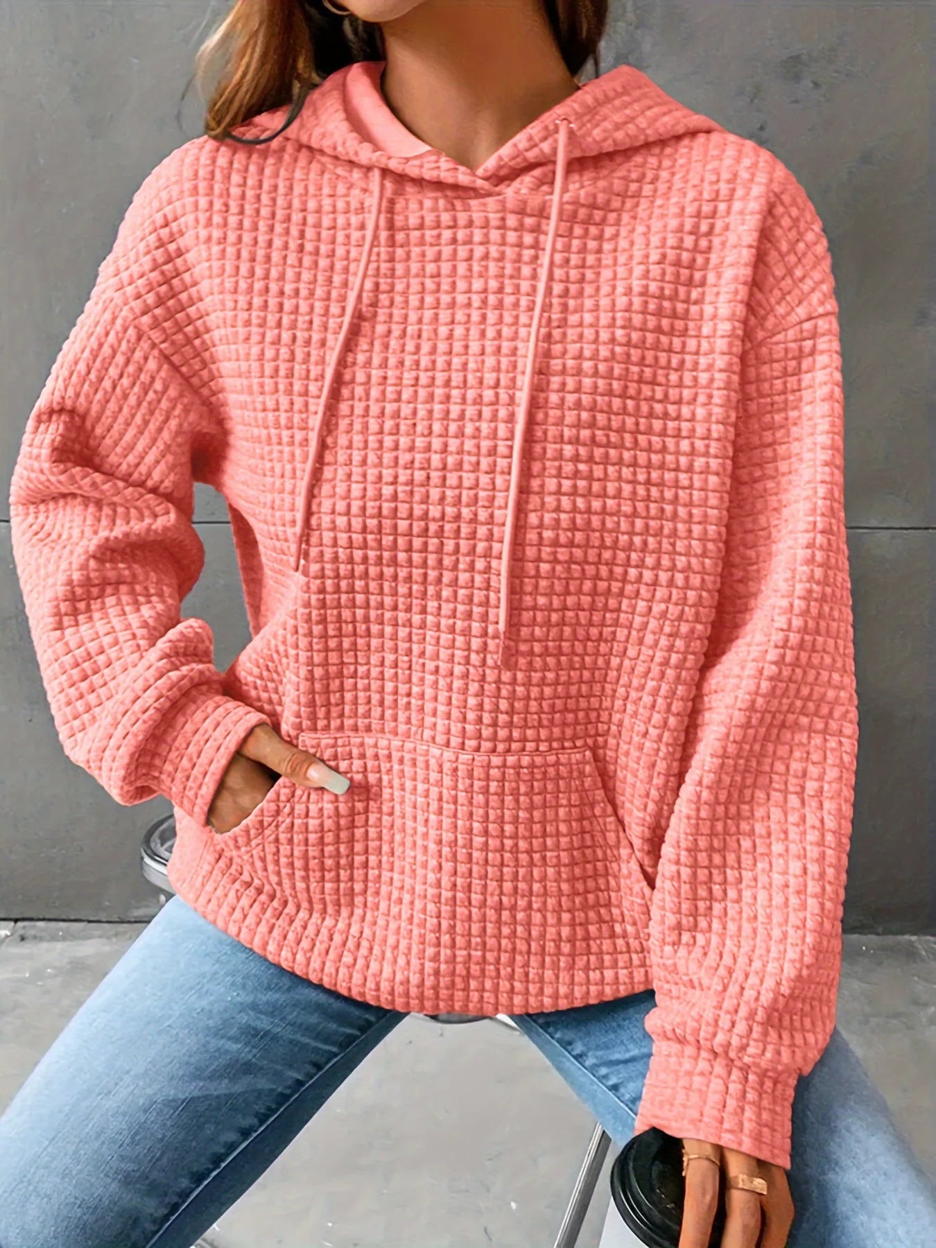 Autumn And Winter Women's New Waffle Round-necked Long-sleeved Sweater Solid Color
