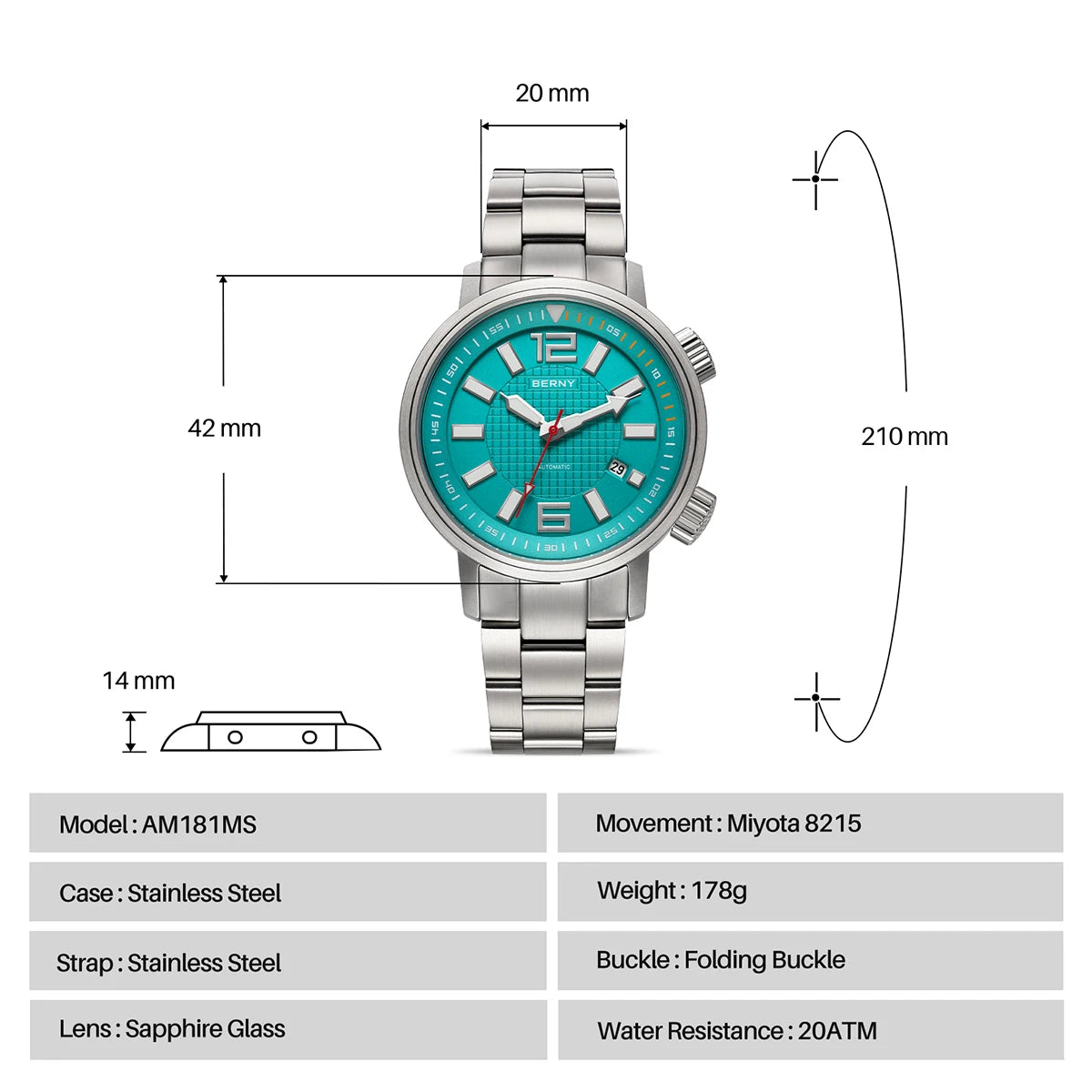 BERNY Automatic Diver Watch for Men Super Luminous Sapphire Miyota 8215 Compressor 20ATM Swimming Scuba Diving Sports Man Watch