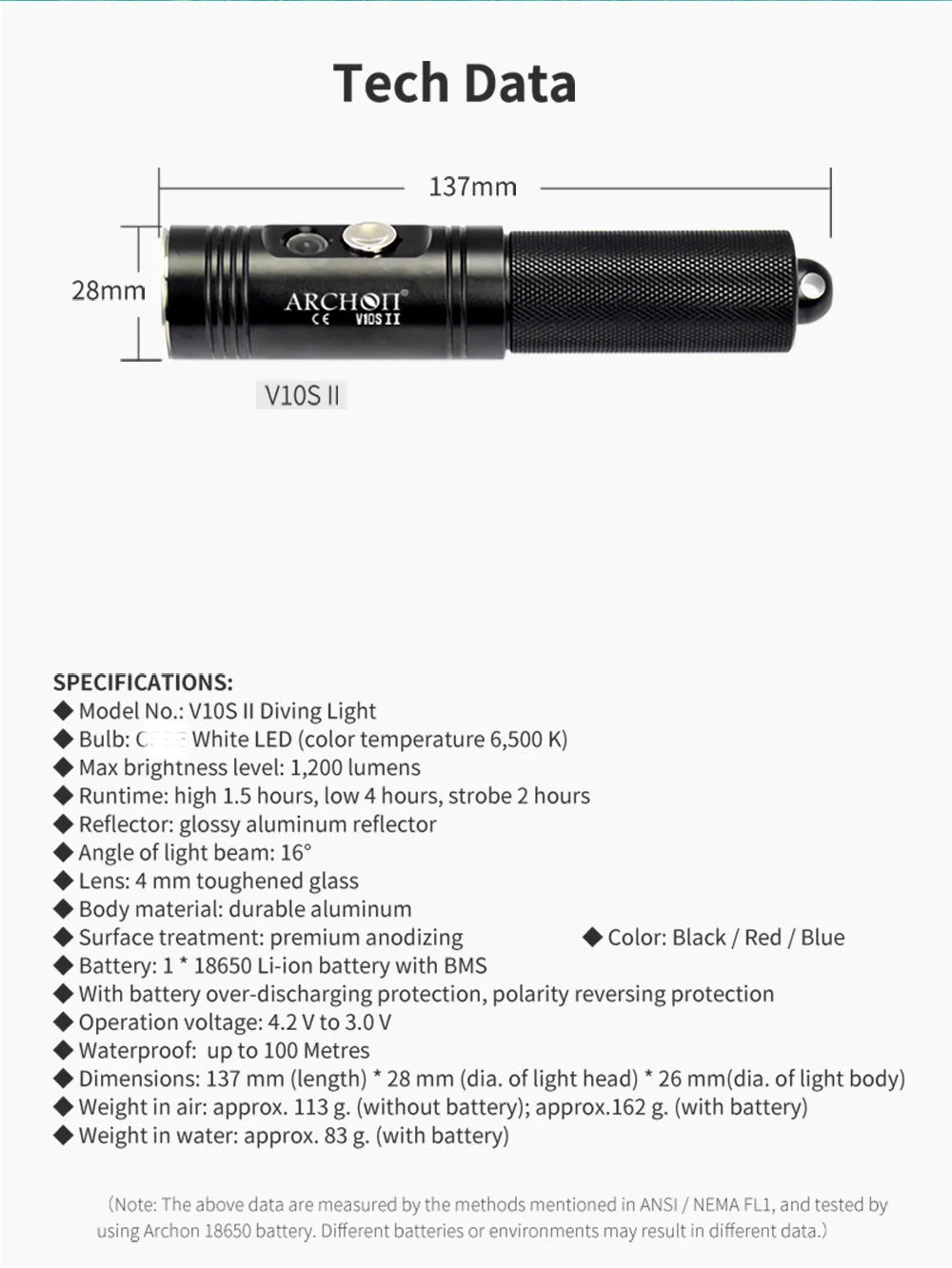 ARCHON V10S II 1200LM LED Diving Flashlight Lanter Diving Flashlight Underwater Diving Flashlight