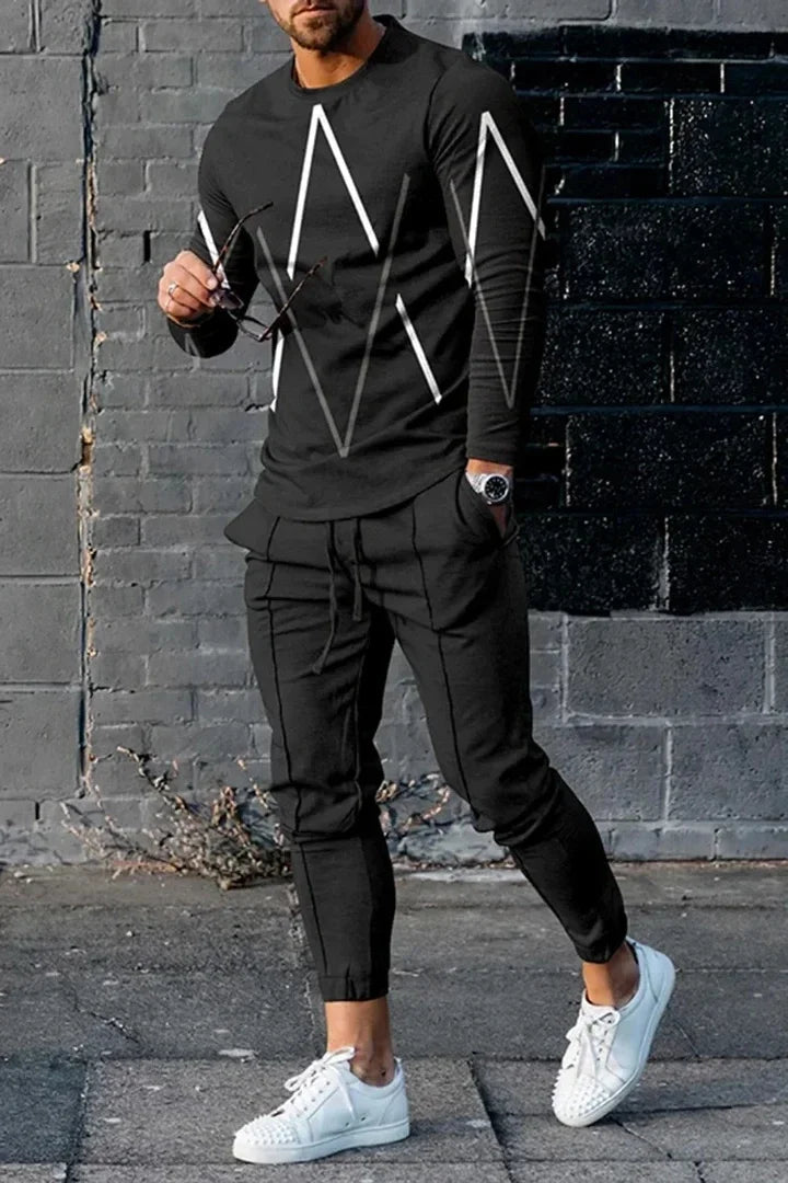 Men's Long Sleeve T-shirts and Pants Two Piece Black Classic Geometry 3D Printed Men's Sets Casual Suit nike tech fleece
