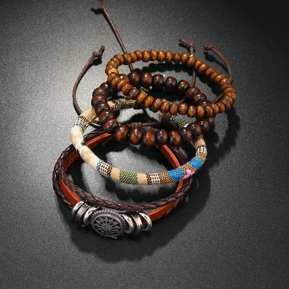 4Pcs/ Set Braided Wrap Leather Bracelet for Men Vintage Life Tree Rudder Charm Wood Bead Ethnic Tribal Wristband Rope Bracelet