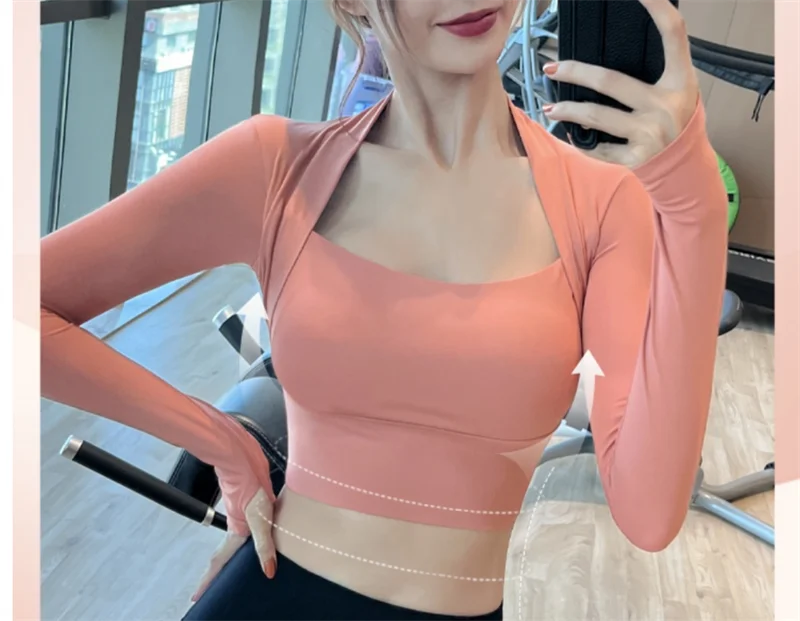 Aiithuug Padded Yoga Shirts Long Sleeve Yoga Crop Tops Low Cut Shirts Gym Shirt Workout Gym Top Insert Pads Slim Fit Sports Sexy