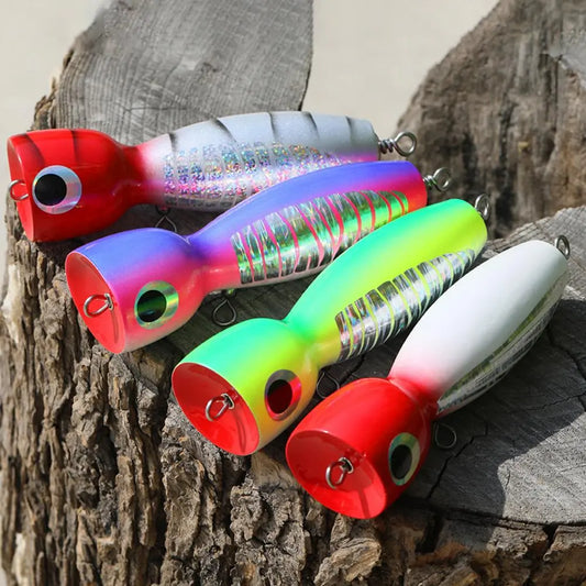 17cm/80g Oversize Bowl Mouth Colorful Painting Lure Bait 3D Big Eyes Sea Fishing Wooden Popper Fake Bait Fishing Supplies