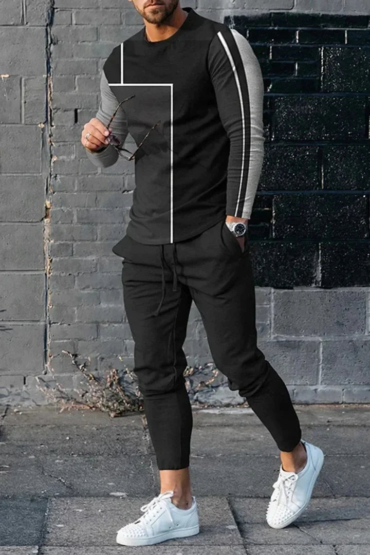 Men's Long Sleeve T-shirts and Pants Two Piece Black Classic Geometry 3D Printed Men's Sets Casual Suit nike tech fleece