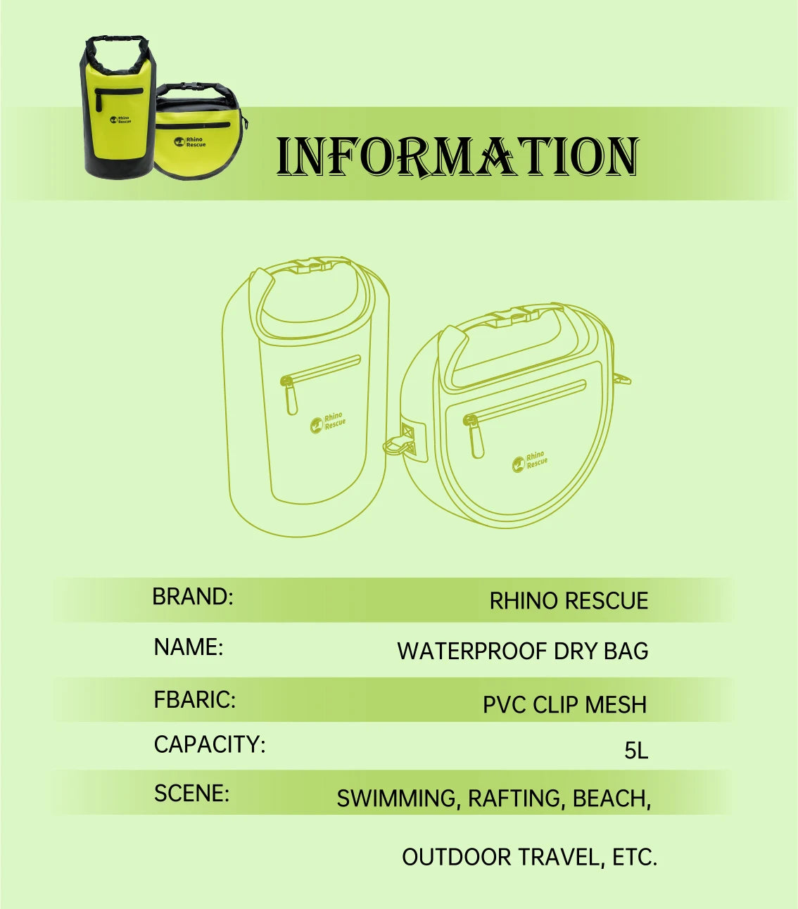Rhino Rescue Waterproof Dry Bag 5L - Roll Top Waterproof Backpack Sack Keeps Gear Dry for Kayak