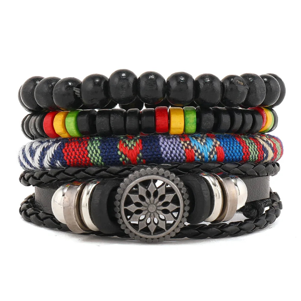4Pcs/ Set Braided Wrap Leather Bracelet for Men Vintage Life Tree Rudder Charm Wood Bead Ethnic Tribal Wristband Rope Bracelet