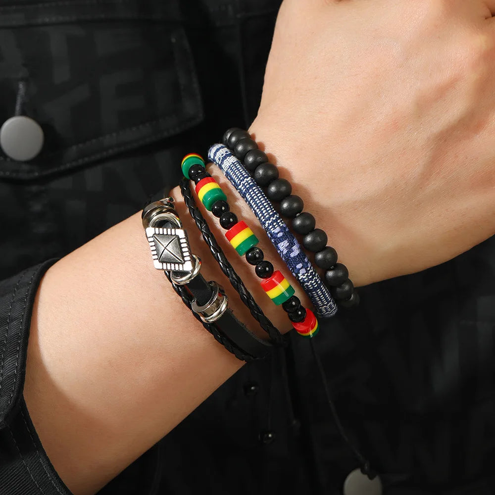 4Pcs/ Set Braided Wrap Leather Bracelet for Men Vintage Life Tree Rudder Charm Wood Bead Ethnic Tribal Wristband Rope Bracelet
