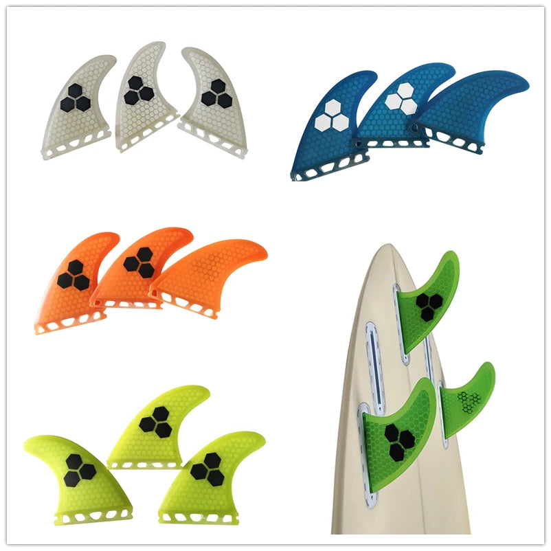 Tri fin set Single Tabs Fins S/M/L surf fins surfboard fin orange/yellow/blue/grey/green with black logo Honeycomb Fibreglass