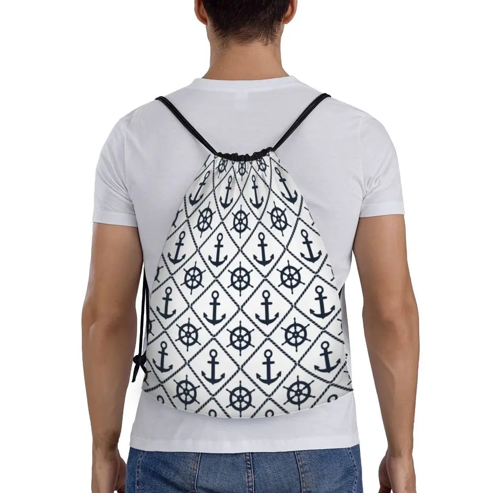Custom Retro Vintage Nautical Anchor Drawstring Bags Men Women Foldable Gym Sports Sackpack Sailor Training Storage Backpacks