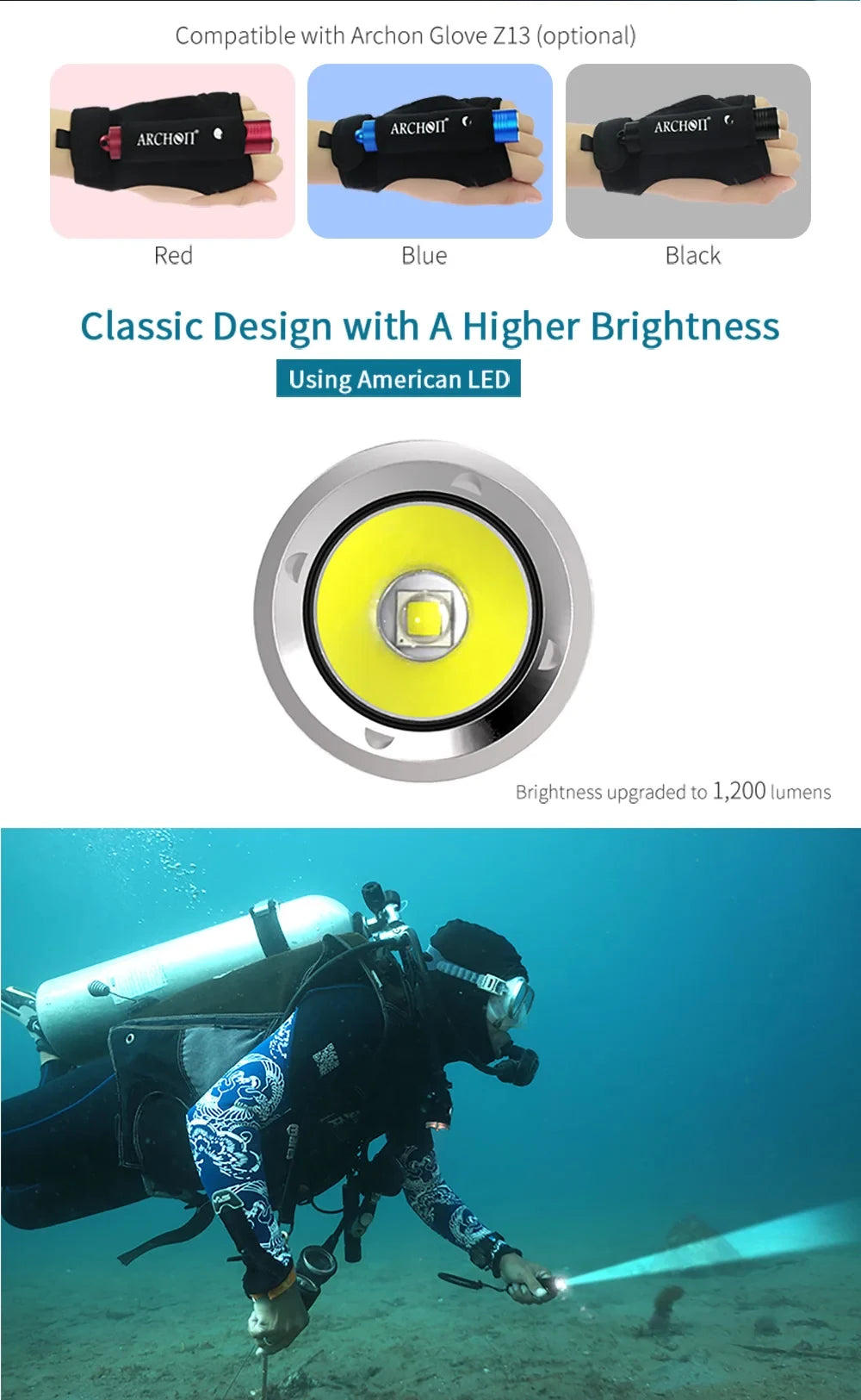 ARCHON V10S II 1200LM LED Diving Flashlight Lanter Diving Flashlight Underwater Diving Flashlight