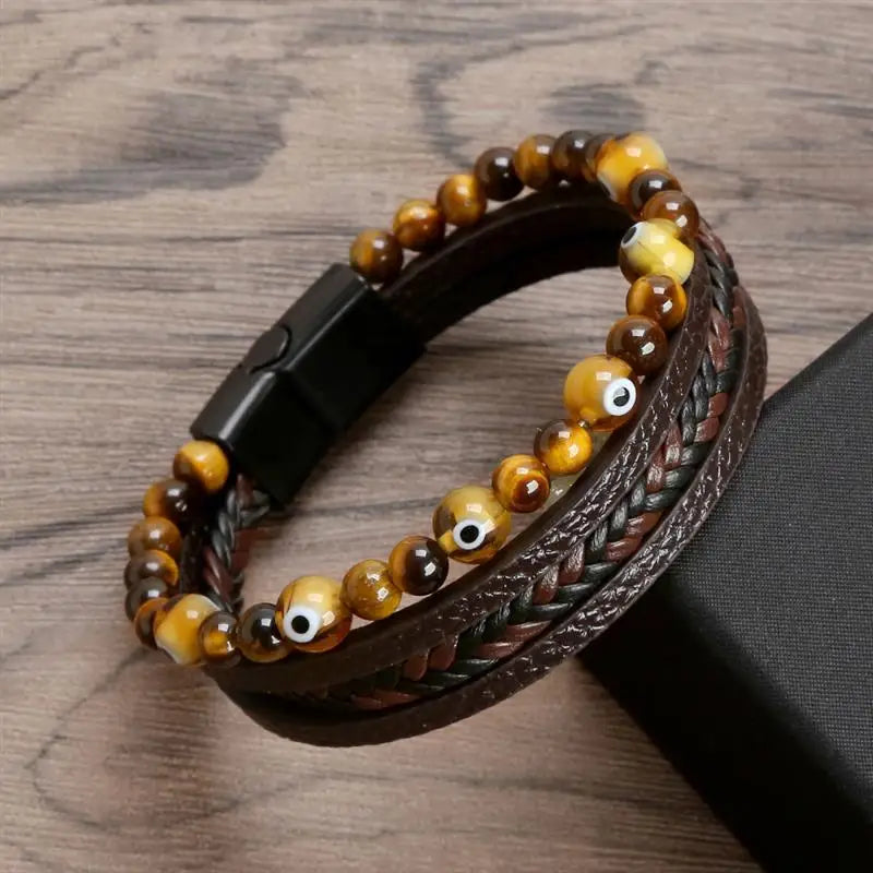 New Fashion Eyes Fatima Hand Leather Bracelets For Women Men Lucky Turkish Evil Eye Beaded Bracelet Couple Jewelry Gift