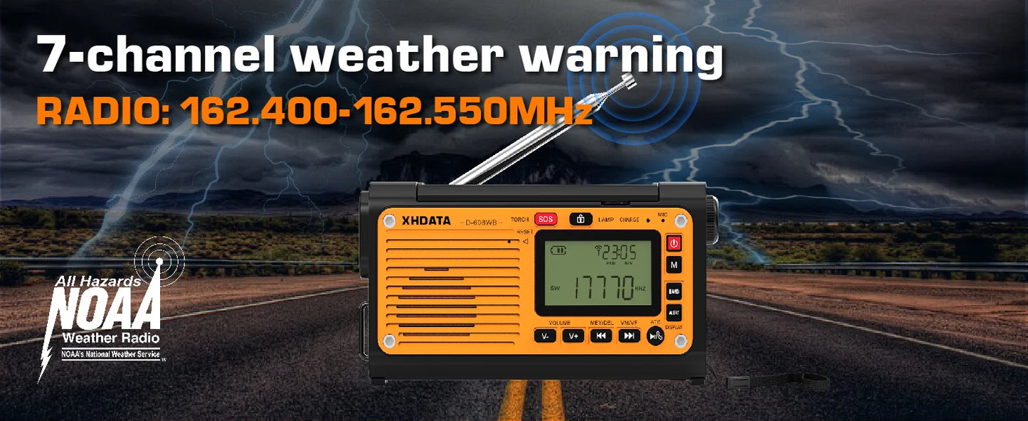 XHDATA D-608WB Emergency Crank Weather Radio FM/AM/SW/NOAA Alert Portable Radio with Phone Charger, Bluetooth, Battery Operated