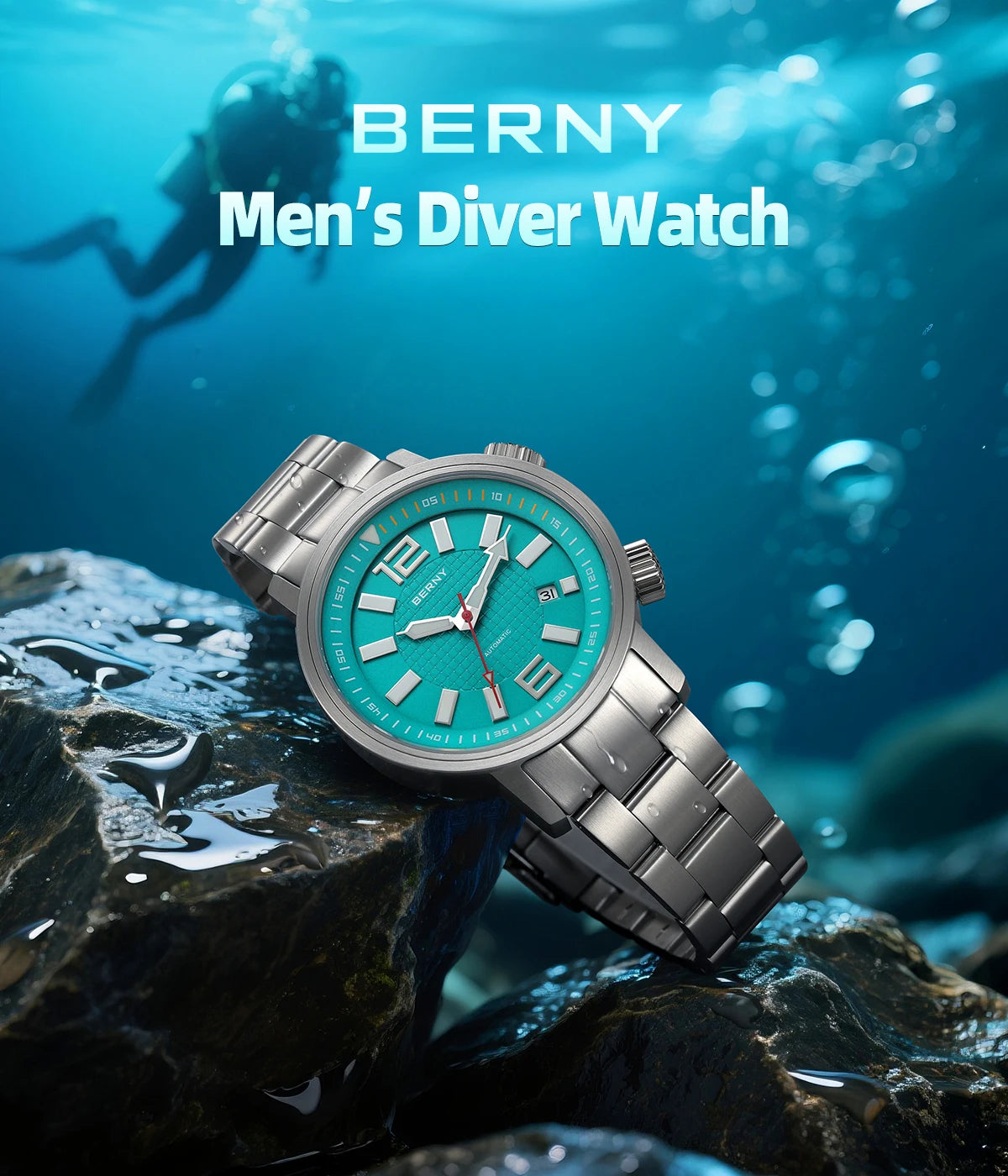 BERNY Automatic Diver Watch for Men Super Luminous Sapphire Miyota 8215 Compressor 20ATM Swimming Scuba Diving Sports Man Watch