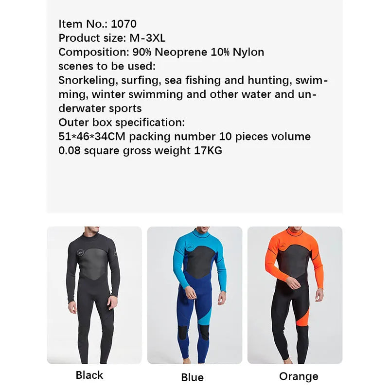 Men Wetsuit 3mm Neopreno Keep Warm One-Piece Swimsuits Quick Dry Snorkeling Kayaking Surfing Clothes Diving Suit Kitesurf