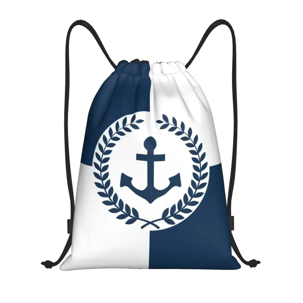 Custom Anchor And Navy Blue Stripes Drawstring Backpack Women Men Gym Sport Sackpack Portable Nautical Sailor Shopping Bag Sack