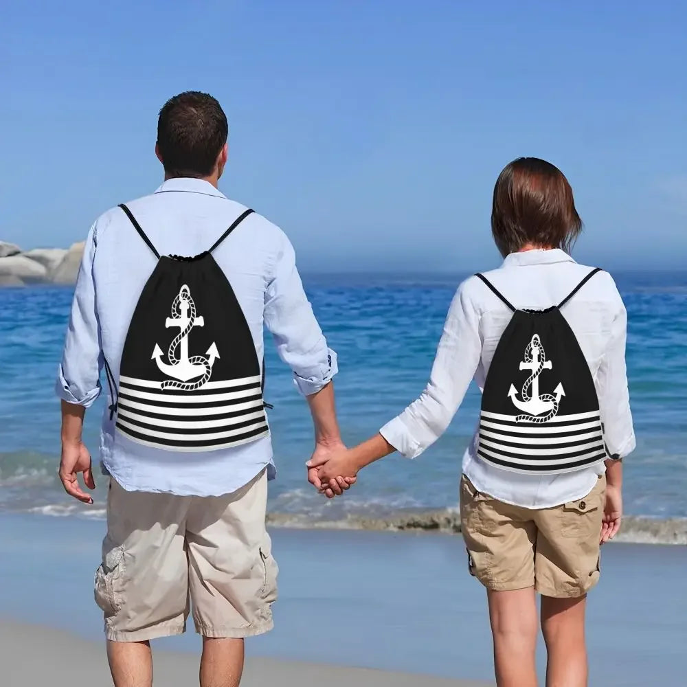 Custom Anchor And Navy Blue Stripes Drawstring Backpack Women Men Gym Sport Sackpack Portable Nautical Sailor Shopping Bag Sack