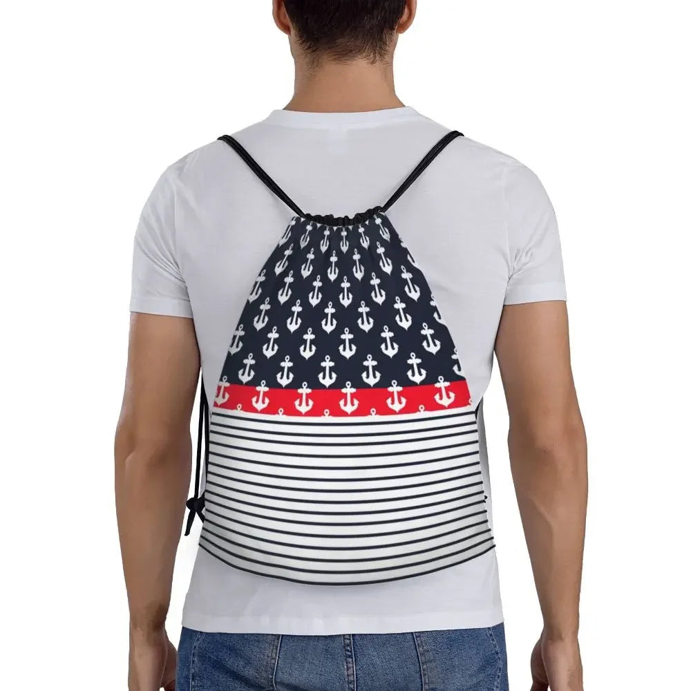 Custom Anchor And Navy Blue Stripes Drawstring Backpack Women Men Gym Sport Sackpack Portable Nautical Sailor Shopping Bag Sack