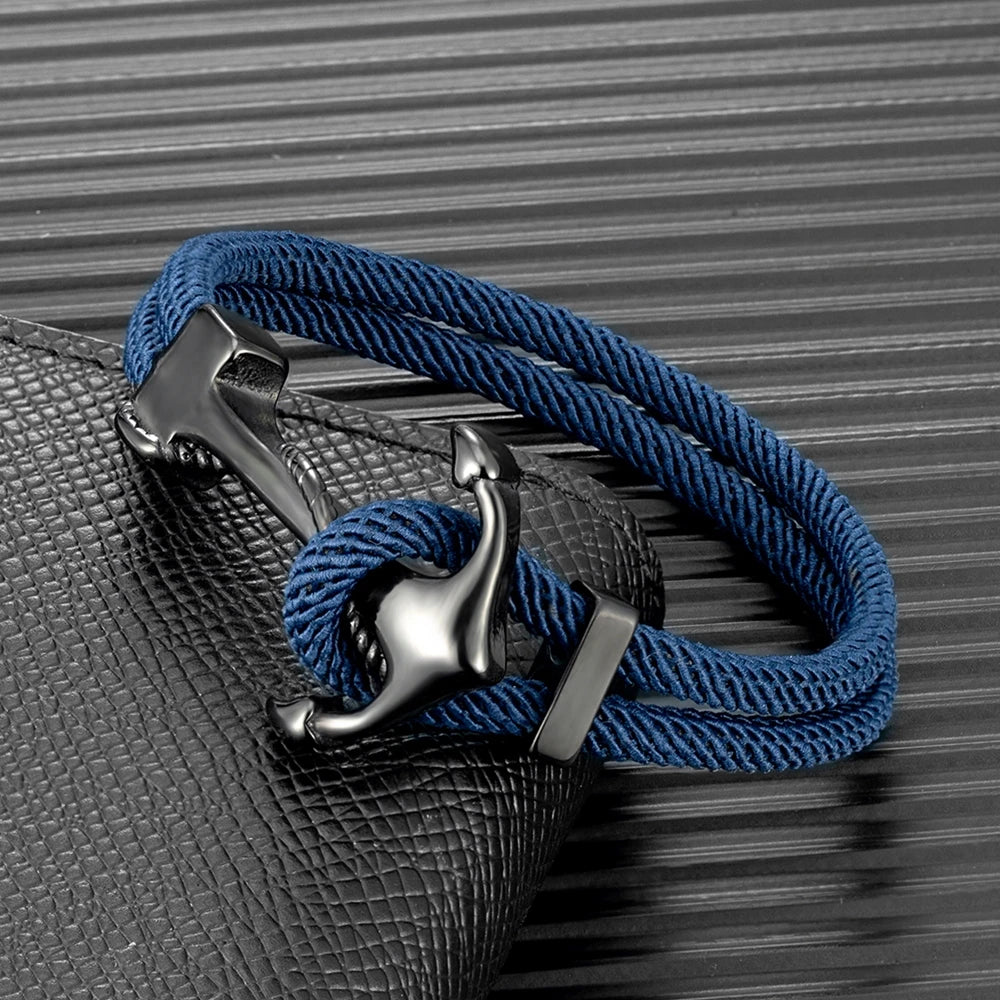 MKENDN Anchor Bracelets Men Double Strand Nautical Survival Rope Paracord Bracelet Women Black Stainless Steel Navy Sport Buckle
