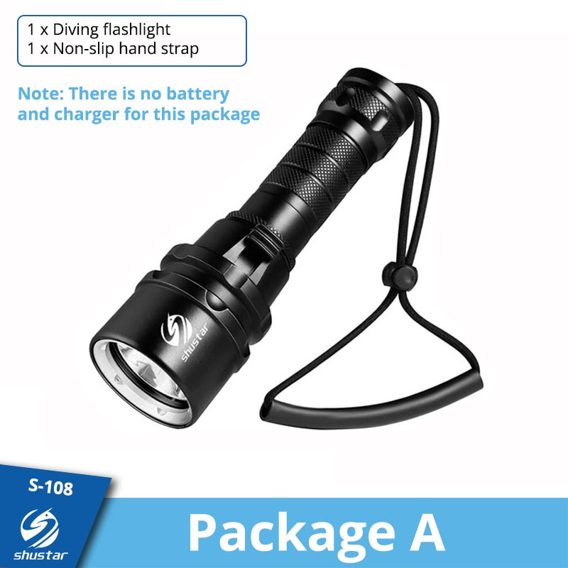 Super bright Diving Flashlight IP68 highest waterproof rating Professional diving light Powered by 18650 battery With hand rope