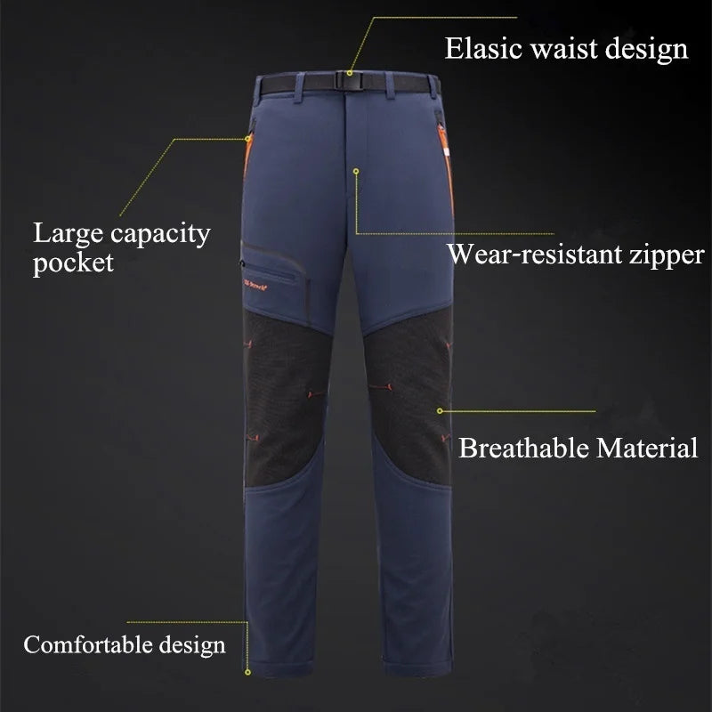 Men's Outdoor Waterproof Hiking Trousers Camping Climbing Fishing Skiing Trekking Softshell Fleece Warm Pants 3 Colors