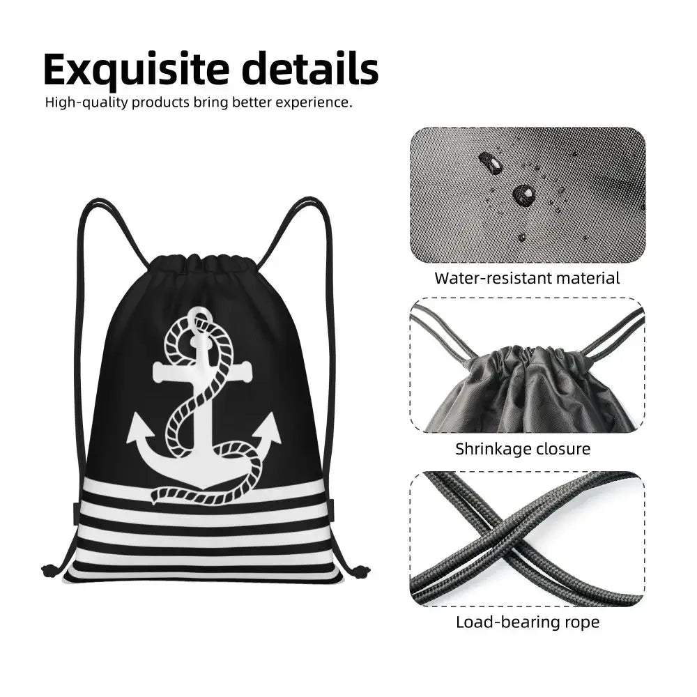 Custom Anchor And Navy Blue Stripes Drawstring Backpack Women Men Gym Sport Sackpack Portable Nautical Sailor Shopping Bag Sack