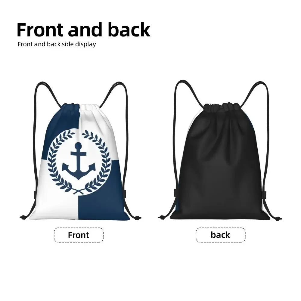 Custom Anchor And Navy Blue Stripes Drawstring Backpack Women Men Gym Sport Sackpack Portable Nautical Sailor Shopping Bag Sack