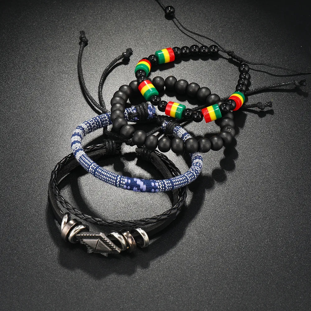 4Pcs/ Set Braided Wrap Leather Bracelet for Men Vintage Life Tree Rudder Charm Wood Bead Ethnic Tribal Wristband Rope Bracelet