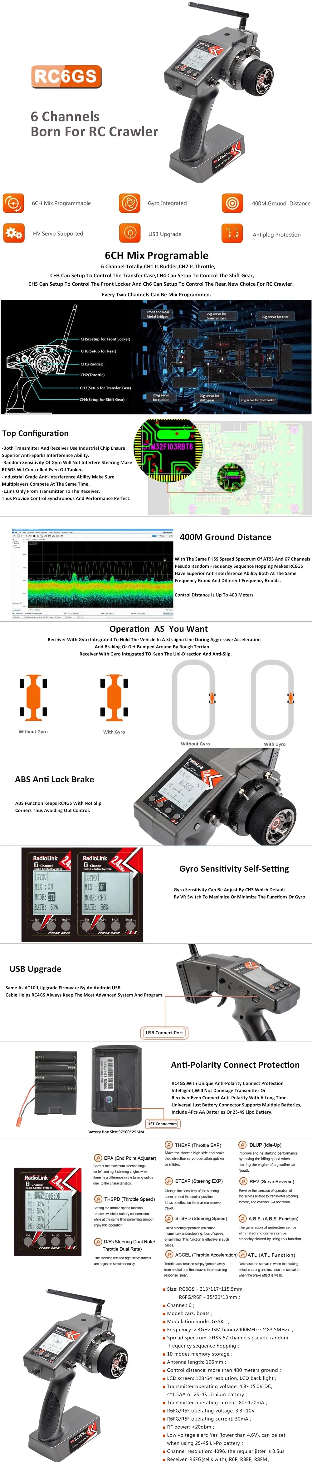 RadioLink RC6GS V2 2.4G 6CH RC Car Controller Transmitter+R6FG/R7FG Receiver With Gyro For RC Car Truck Wltoys Boat Toys