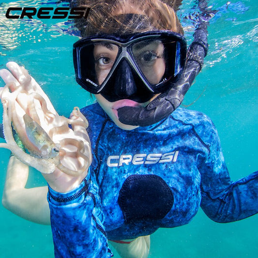 Cressi Diving Swimming Mask Snorkeling Set Scuba Snorkel Silicone Skirt Four-Lens Panoramic for Adults Pano4 Dry