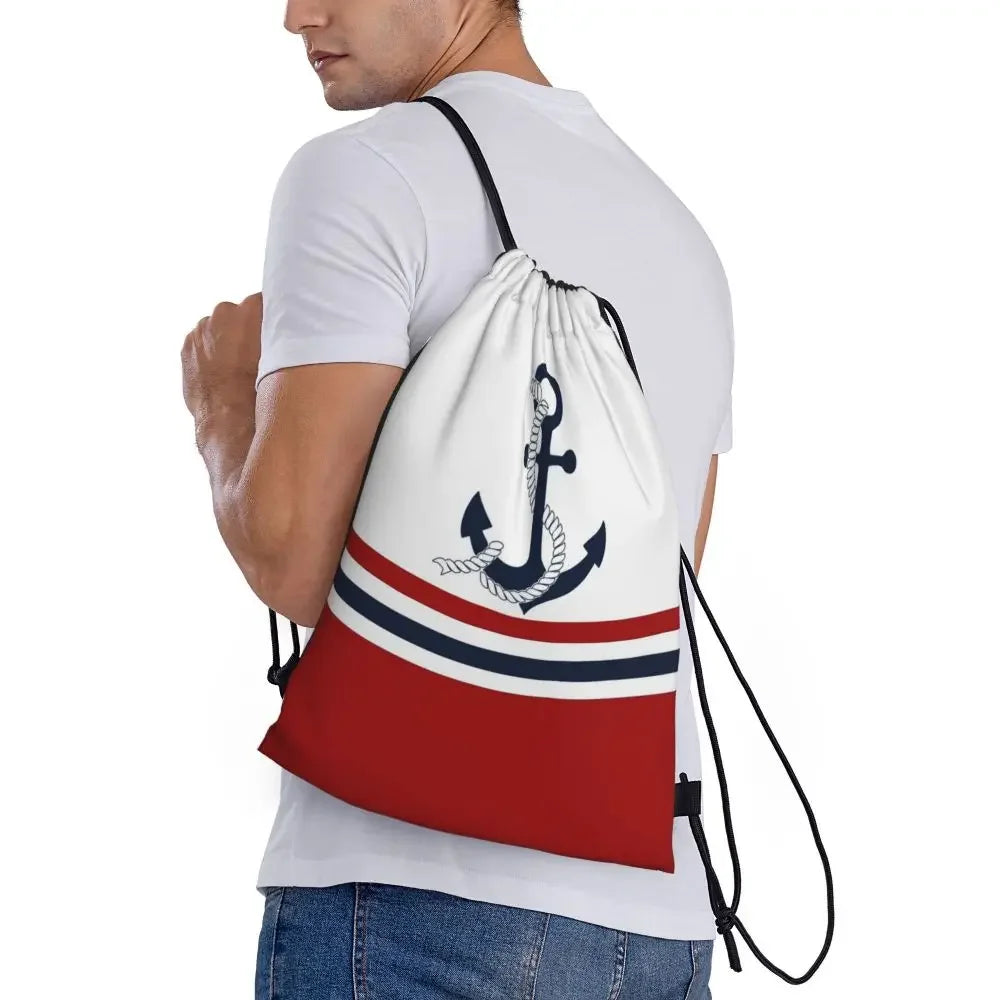 Custom Anchor And Navy Blue Stripes Drawstring Backpack Women Men Gym Sport Sackpack Portable Nautical Sailor Shopping Bag Sack