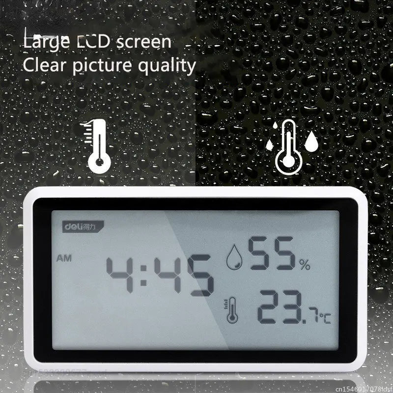 Deli Electronic Thermometer Hygrometer Weather Station Sensor High Precision with Table Clock Function LCD Digital Display