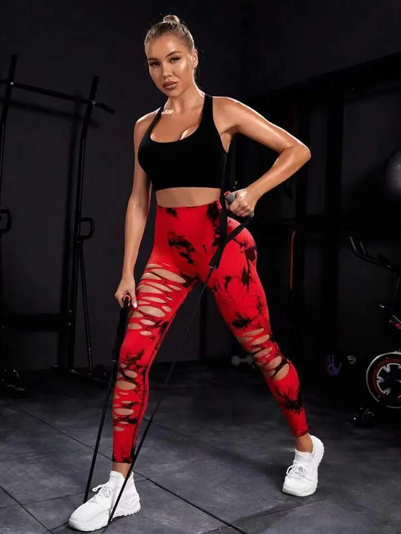 Women Tie Dye Hollow Out Leggings Sports Pants Fitness Sportswear Sexy High Waisted Push Up Gym Tights Red Running Leggings